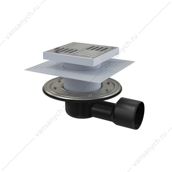 4135307 Сливной трап AlcaPlast APV3444 150х150/75 мм, боковая подводка AlcaPlast (Чехия) купить в Тюмени (Ван Саныч™)