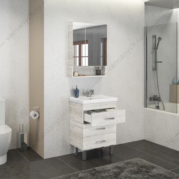 4142203 Тумба-умывальник Никосия-60Н дуб белый с раковиной Fest 60 Comforty (Россия) купить в Тюмени (Ван Саныч™)