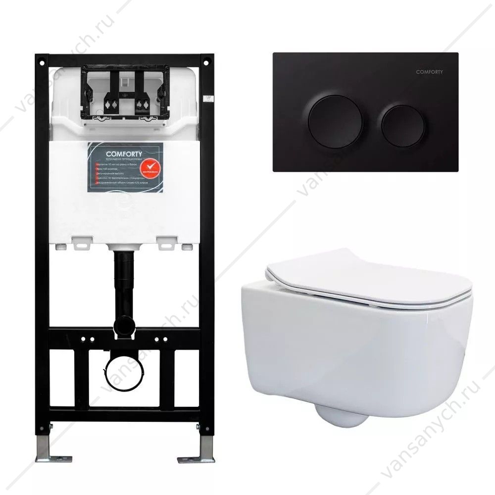 00-00022017 Комплект Comforty: безободковый унитаз 102 с сиденьем микролифт, быстросъем + инсталляция CF3GT1900-10BL + клавиша черная матовая Comforty (Россия) купить в Тюмени (Ван Саныч™)