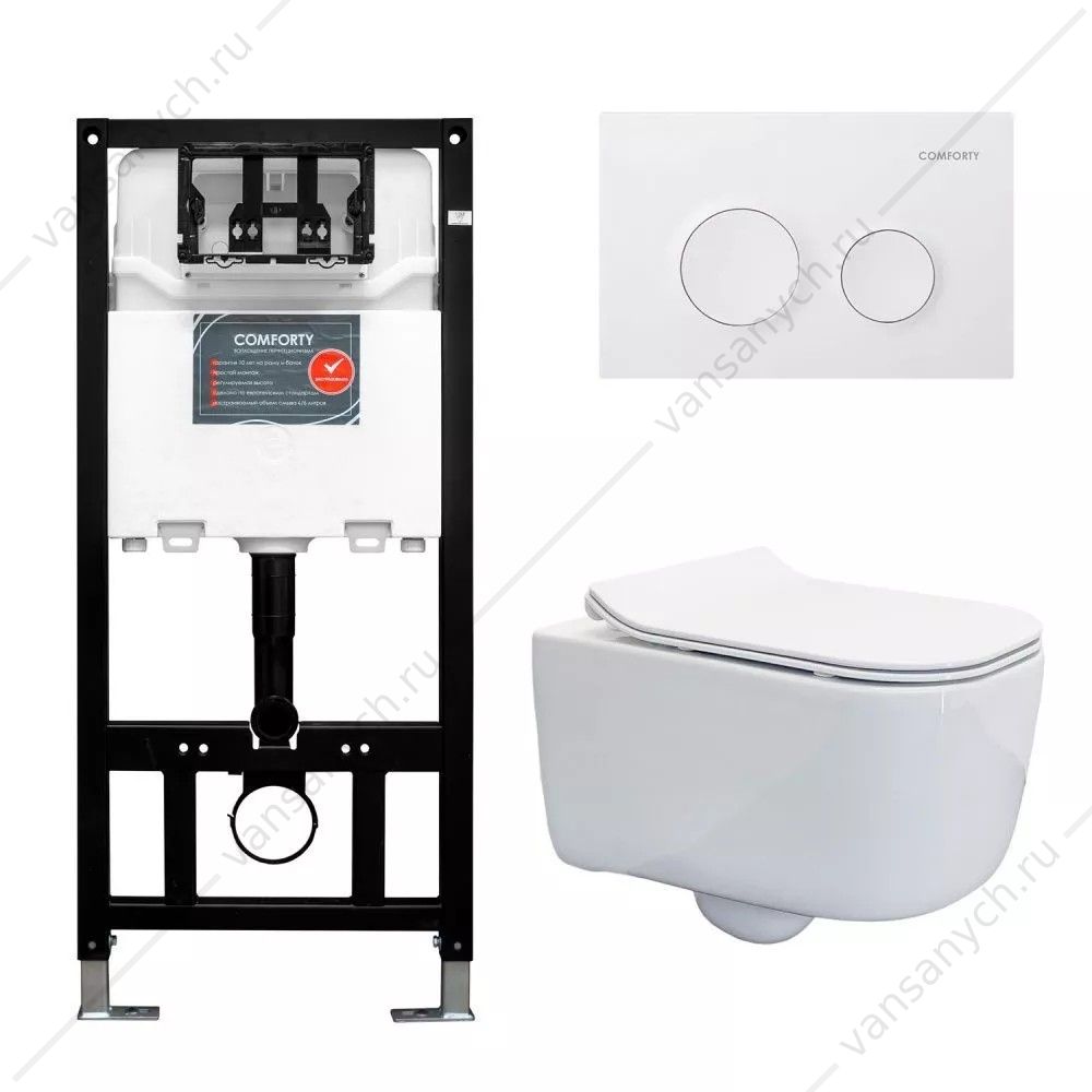 00-00022106 Комплект Comforty: безободковый унитаз 102 с сиденьем микролифт, быстросъем + инсталляция CF3GT1900-10WH + кнопка белая матовая Comforty (Россия) купить в Тюмени (Ван Саныч™)