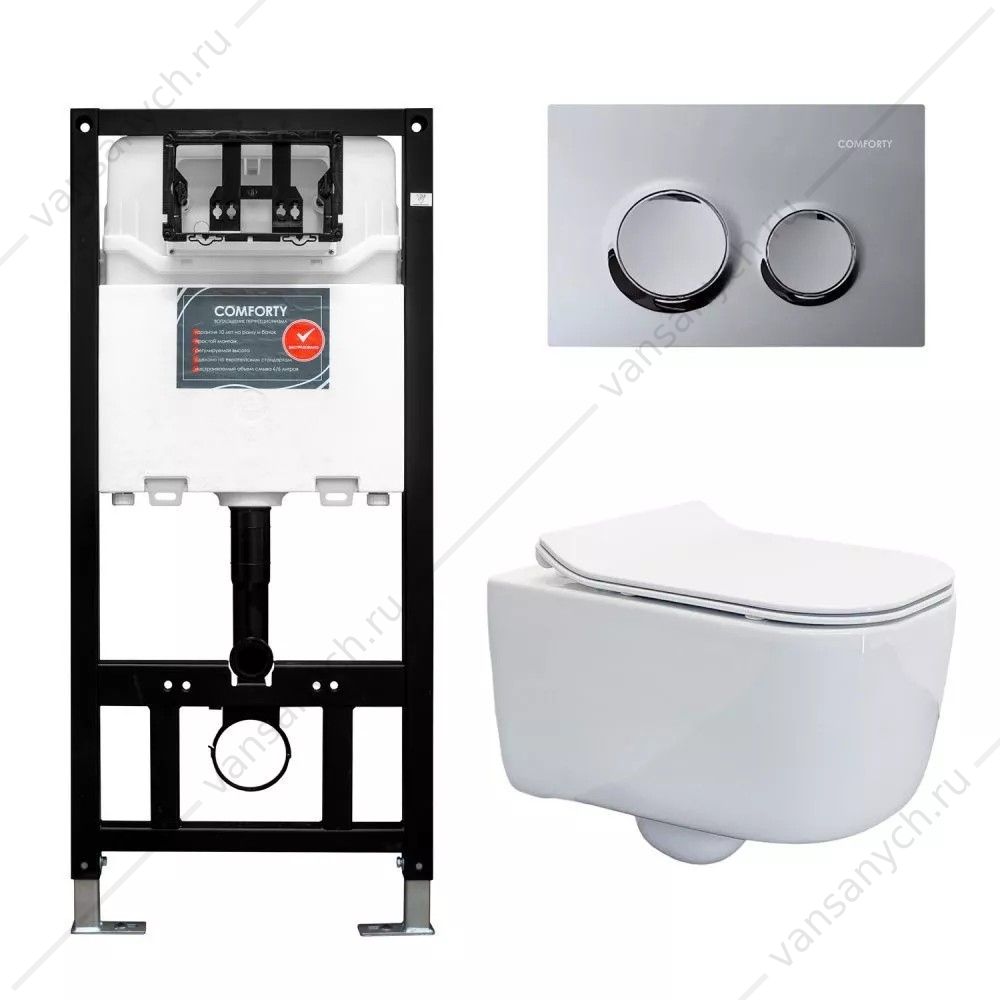 00-00022105 Комплект Comforty: безободковый унитаз 102 с сиденьем микролифт, быстросъем + инсталляция CF3GT1900-10CH кнопка хром глянц. Comforty (Россия) купить в Тюмени (Ван Саныч™)