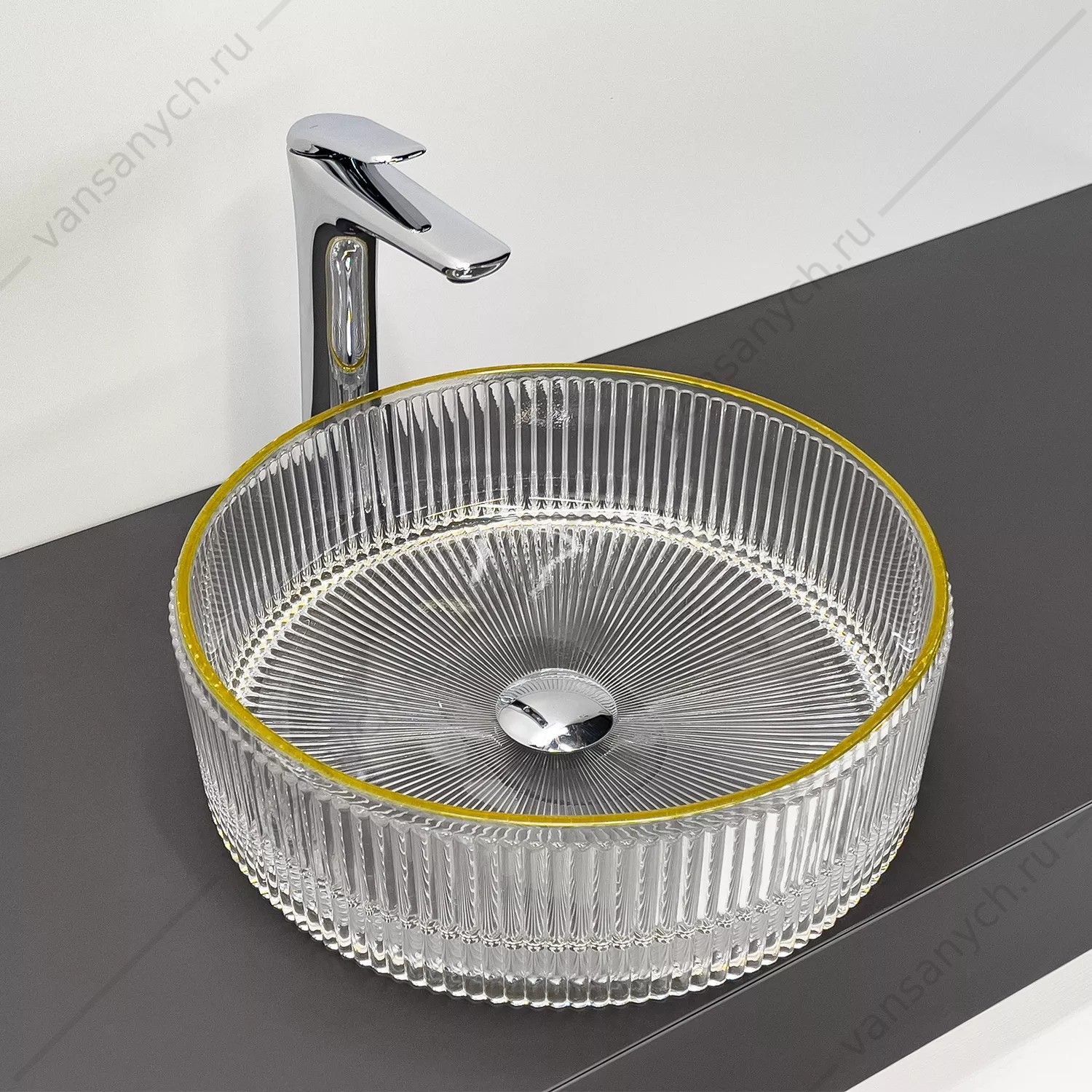 00-00015700 Раковина D40 круглая накладная COMFORTY CF21002 стеклянная прозрачная с золотом Comforty (Россия) купить в Тюмени (Ван Саныч™)