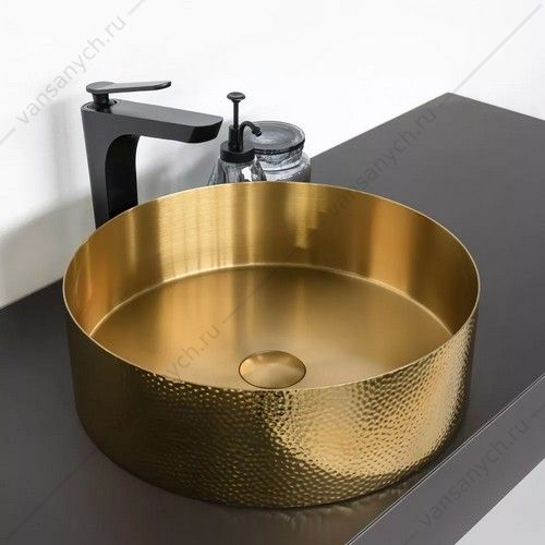 Раковина 40см из нерж. стали с рифленым бортом накладная Comforty CF8WBHD39G цвет золото, с дон. клап., круглая Comforty (Россия) купить в Тюмени (Ван Саныч™)