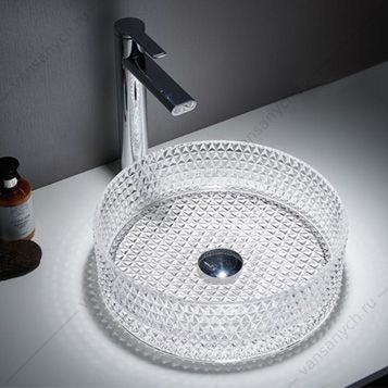 00-00011840 Раковина накладная 36см COMFORTY GL01 стеклянная круглая прозрачная Comforty (Россия) купить в Тюмени (Ван Саныч™)