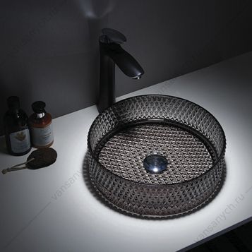 00-00011841 Раковина накладная 36см COMFORTY GL03 стеклянная черное тонир. круглая Comforty (Россия) купить в Тюмени (Ван Саныч™)