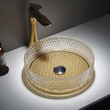 00-00012242 Раковина накладная 36см COMFORTY GL04 стеклянная, золотое стекло, круглая Comforty (Россия) купить в Тюмени (Ван Саныч™)