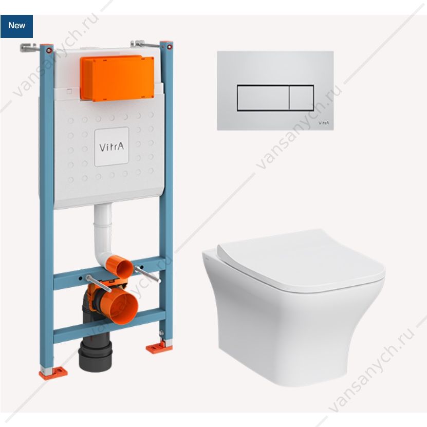 Комплект: безободковый унитаз Zentrum Square, SmoothFlush, c сиденьем микролифт, инсталляция, кнопка Root Square, хром глянцевый Vitra (Турция) купить в Тюмени (Ван Саныч™)